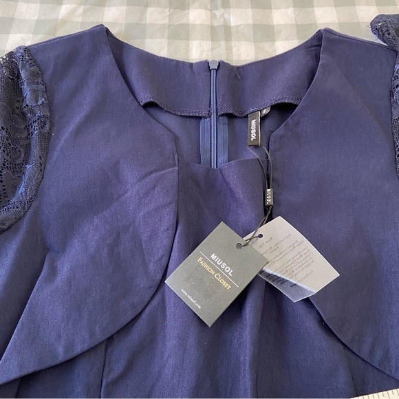 Miusol dress navy blue lace 3/4 sleeves stretchy A-Line midi small fit & flare - Picture 2 of 16